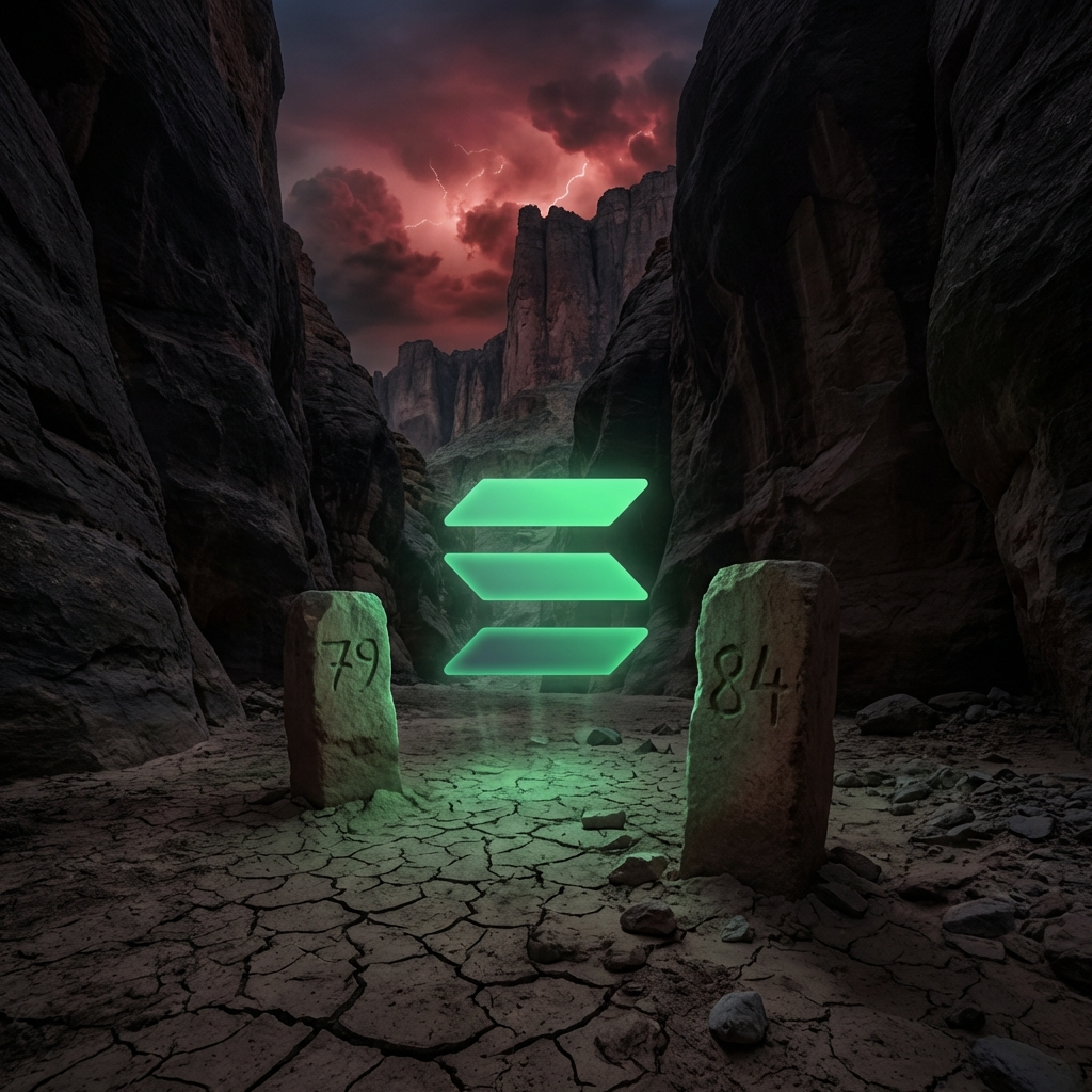 A dark, narrow canyon with towering rock walls closing in around a glowing Solana symbol hovering above cracked ground, flanked by stone markers showing 79 and 84, symbolizing compressed bearish consolidation with only faint signs of a potential relief bounce.