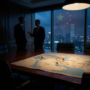 Businessmen discussing Middle East map at night office