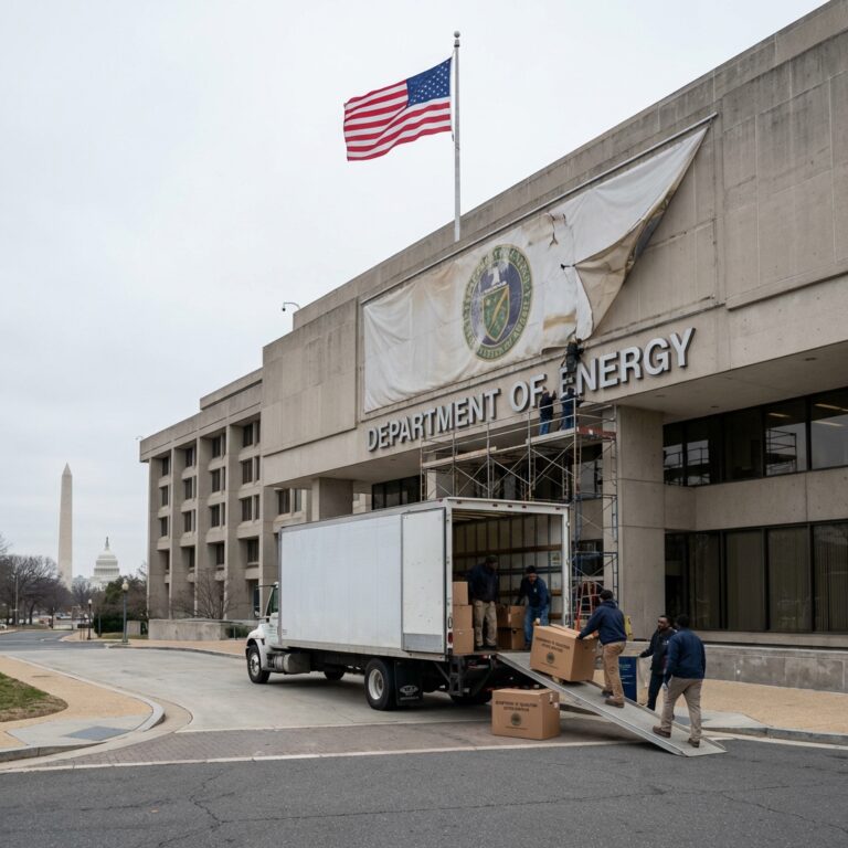 Workers loading boxes at Department of Energy building