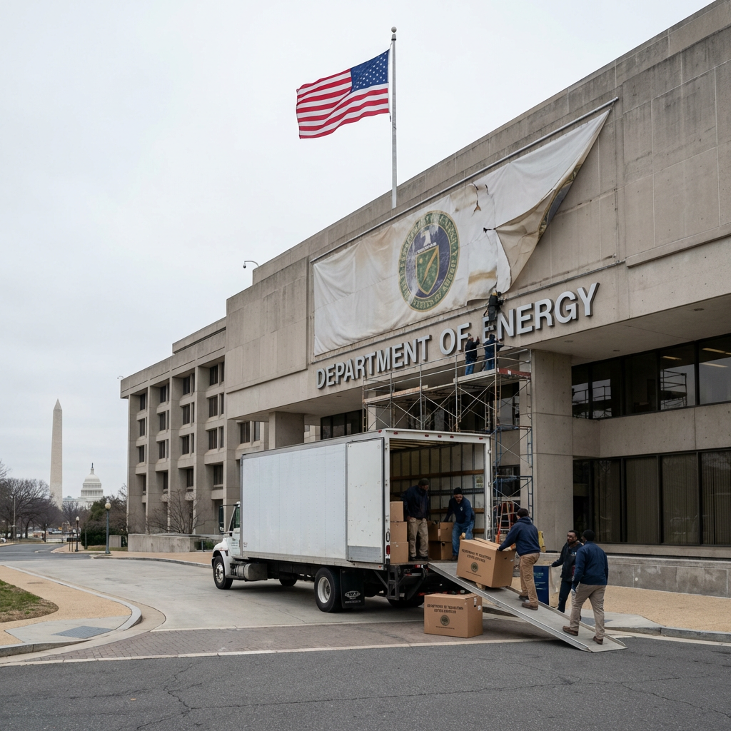 Workers loading boxes at Department of Energy building