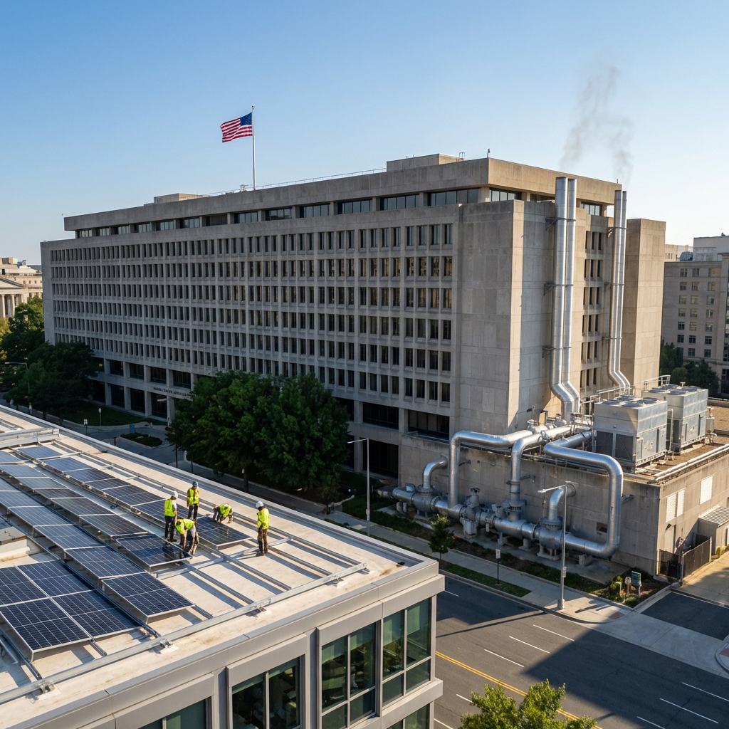 Workers installing solar panels on city rooftop