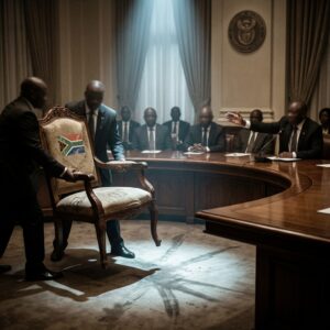 Officials carrying ornate chair with South African flag