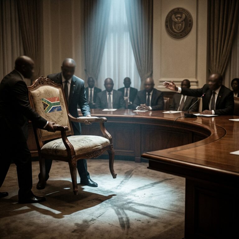 Officials carrying ornate chair with South African flag