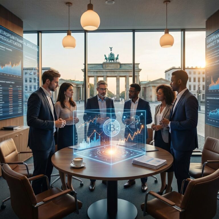 Business team reviewing holographic Bitcoin data in office