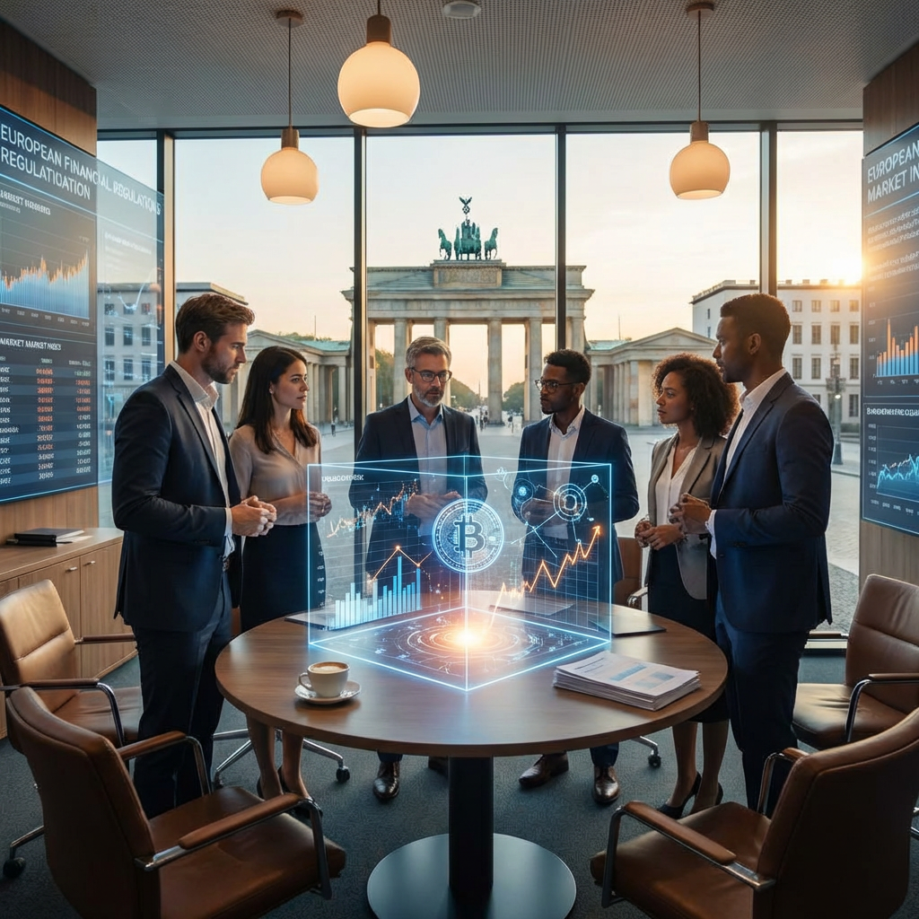 Business team reviewing holographic Bitcoin data in office