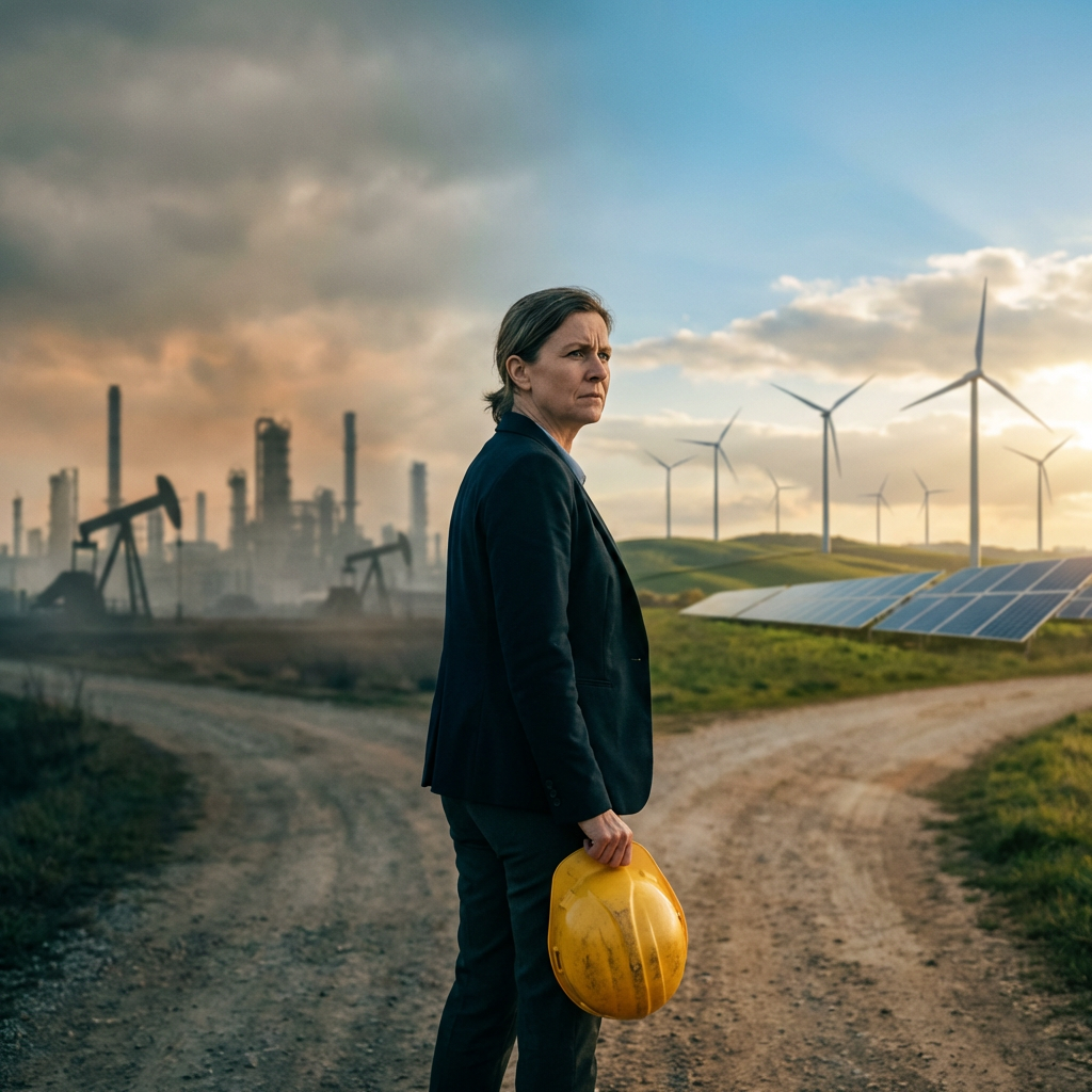 Woman between oil industry and renewable energy