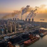 Coastal power station and port at sunset