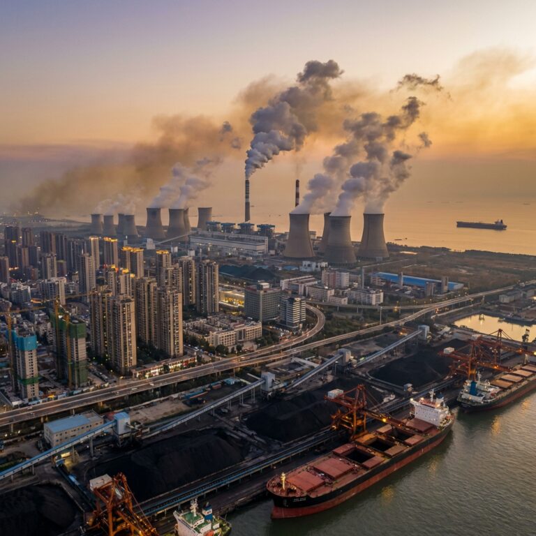 Coastal power station and port at sunset