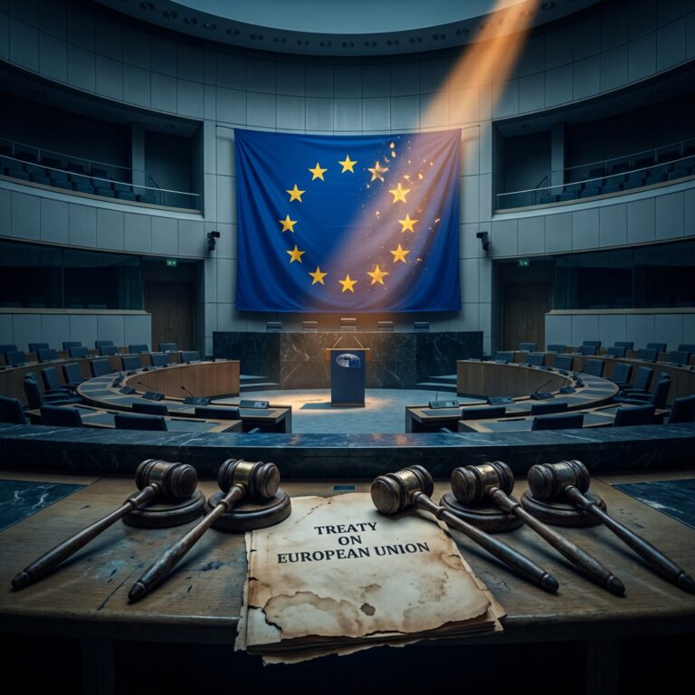 EU flag in parliament chamber with treaty document