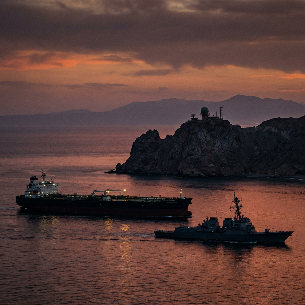 Oil tanker and naval ship at sunset