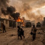 People fleeing street with buildings burning nearby