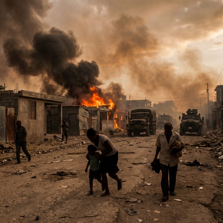 People fleeing street with buildings burning nearby