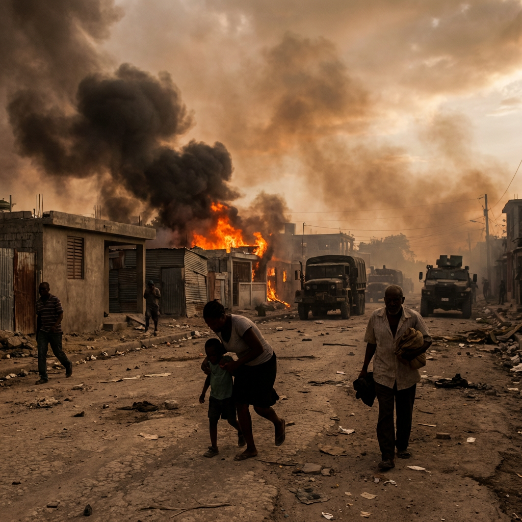 People fleeing street with buildings burning nearby