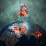 Glowing Bitcoin symbol above cracked Earth globe