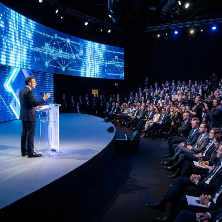 Speaker addressing audience at technology conference stage