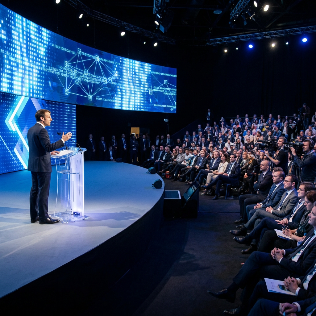 Speaker addressing audience at technology conference stage