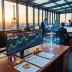 Cryptocurrency trading screens in Paris office at sunset