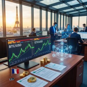 Cryptocurrency trading screens in Paris office at sunset