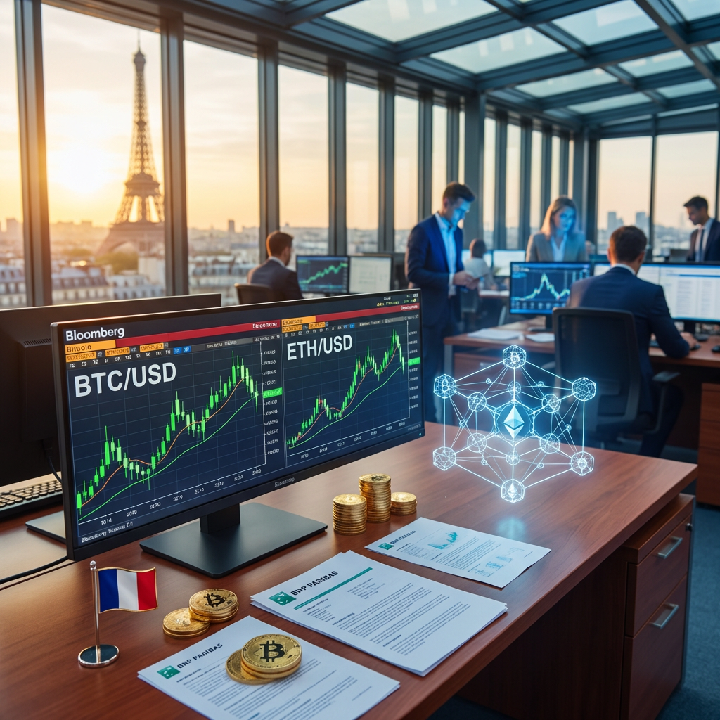 Cryptocurrency trading screens in Paris office at sunset
