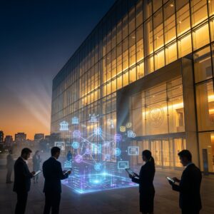 Business professionals using holographic financial network interface