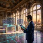 Businessman viewing cryptocurrency charts in luxury hall