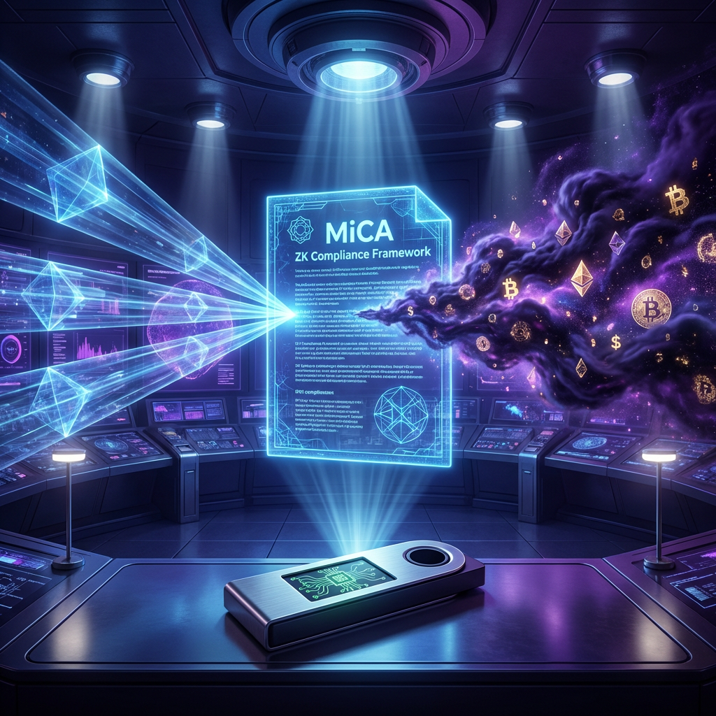 Futuristic MiCA compliance hologram with cryptocurrency symbols