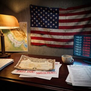 Cracked U.S. flag above overdue Treasury bond