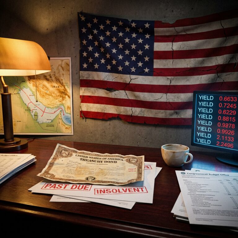 Cracked U.S. flag above overdue Treasury bond