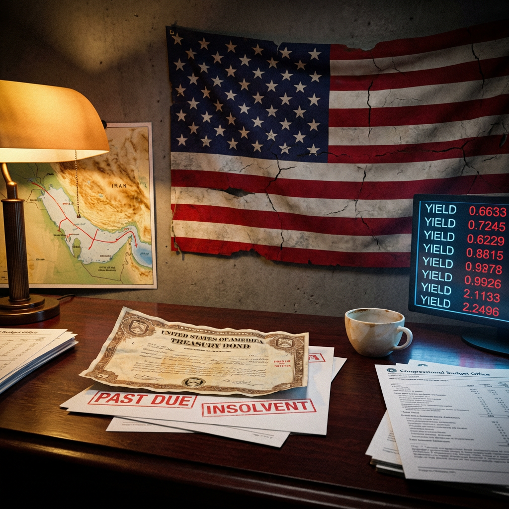 Cracked U.S. flag above overdue Treasury bond