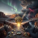 Bitcoin coin on cliff amid stormy canyon landscape