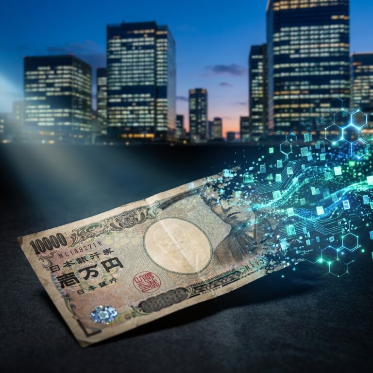 Japanese yen banknote transforming into digital data