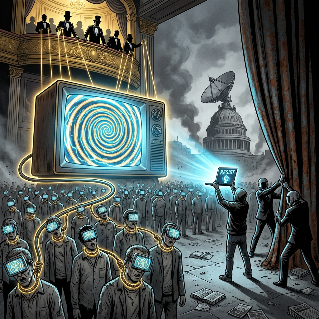 Dystopian scene of hypnotised crowd and media control