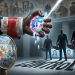 Hand controlling social media sphere over shadowy figures