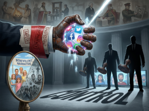 Hand controlling social media sphere over shadowy figures