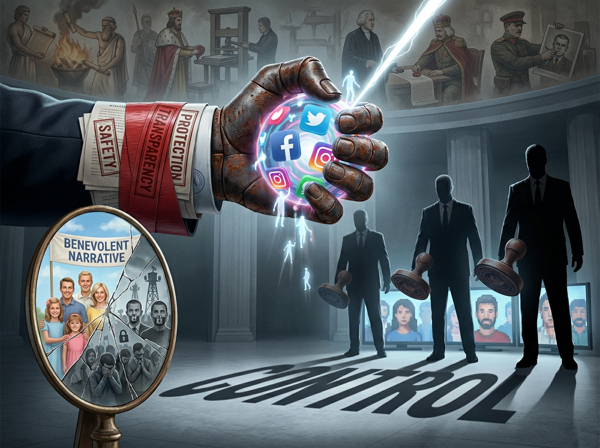 Hand controlling social media sphere over shadowy figures