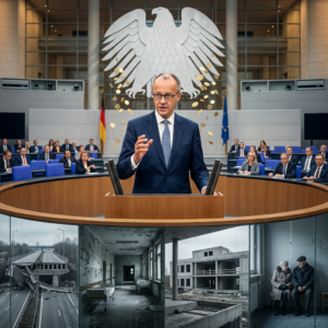 Politician speaking in parliament with economic crisis imagery