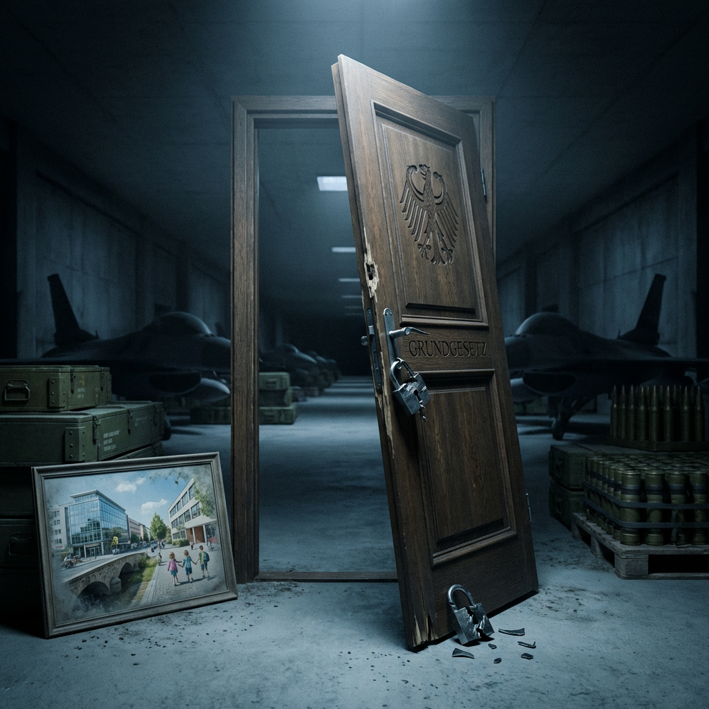 Porte verrouillée cassée marquée Grundgesetz dans un bunker militaire