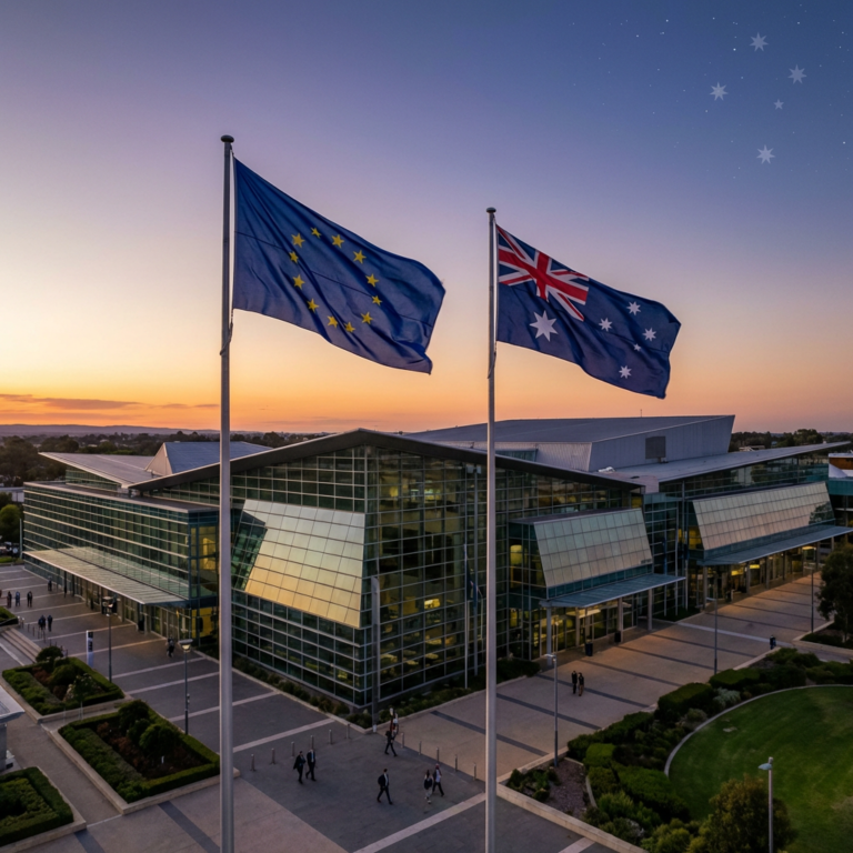 EU and Australian flags over modern building
