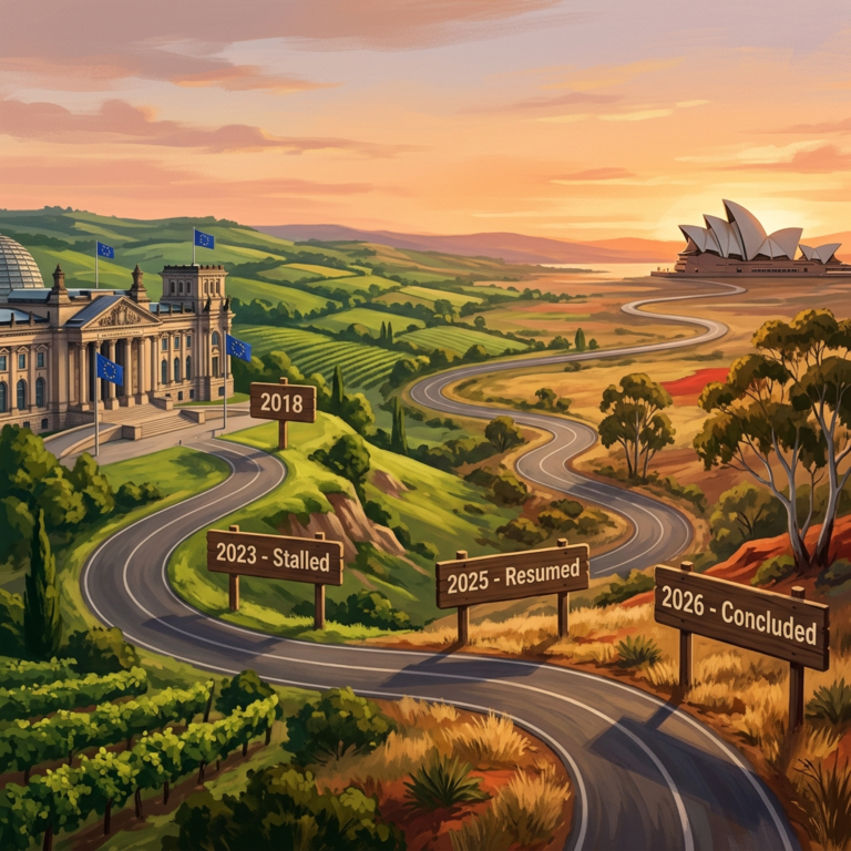 Winding road with timeline signs and landmarks