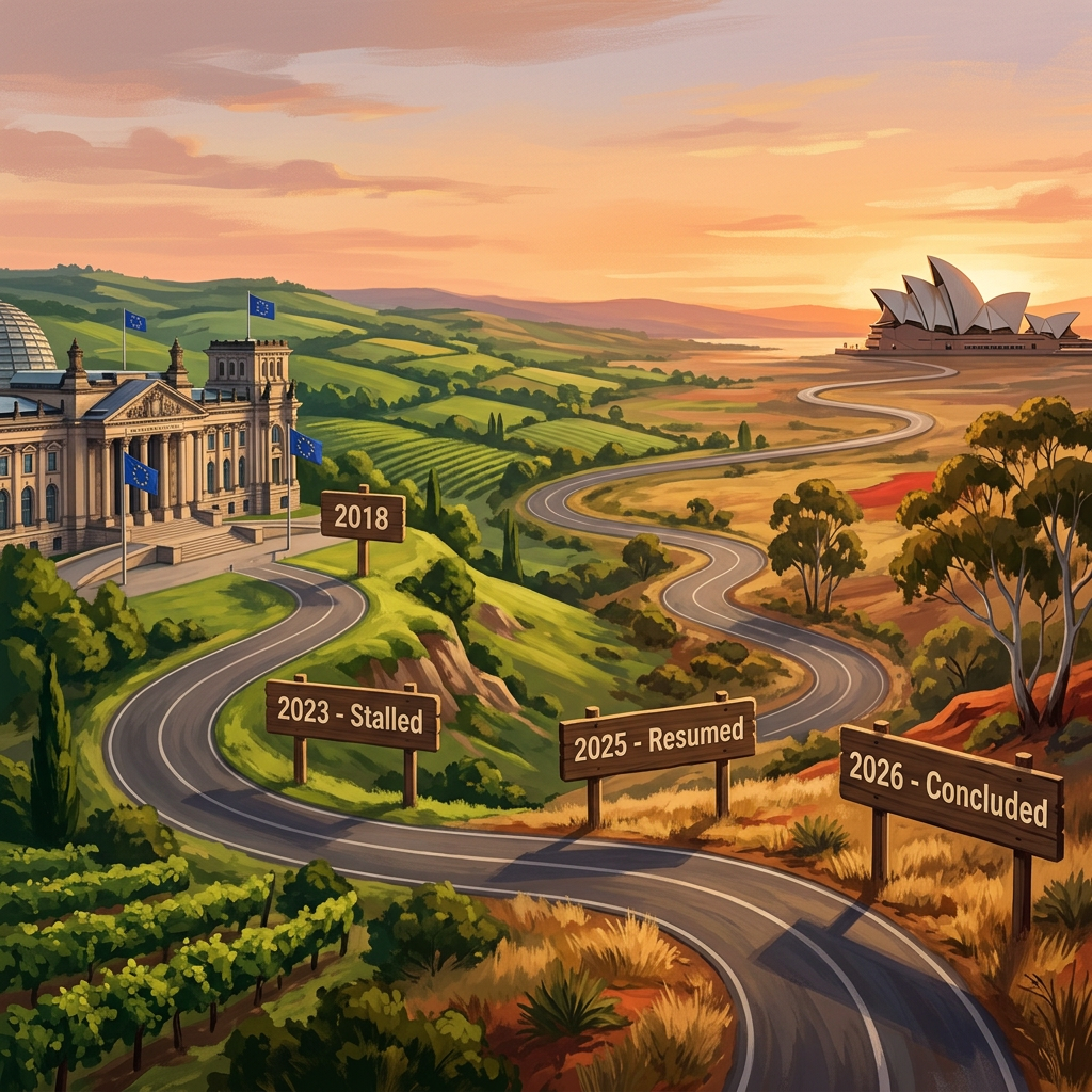 Winding road with timeline signs and landmarks