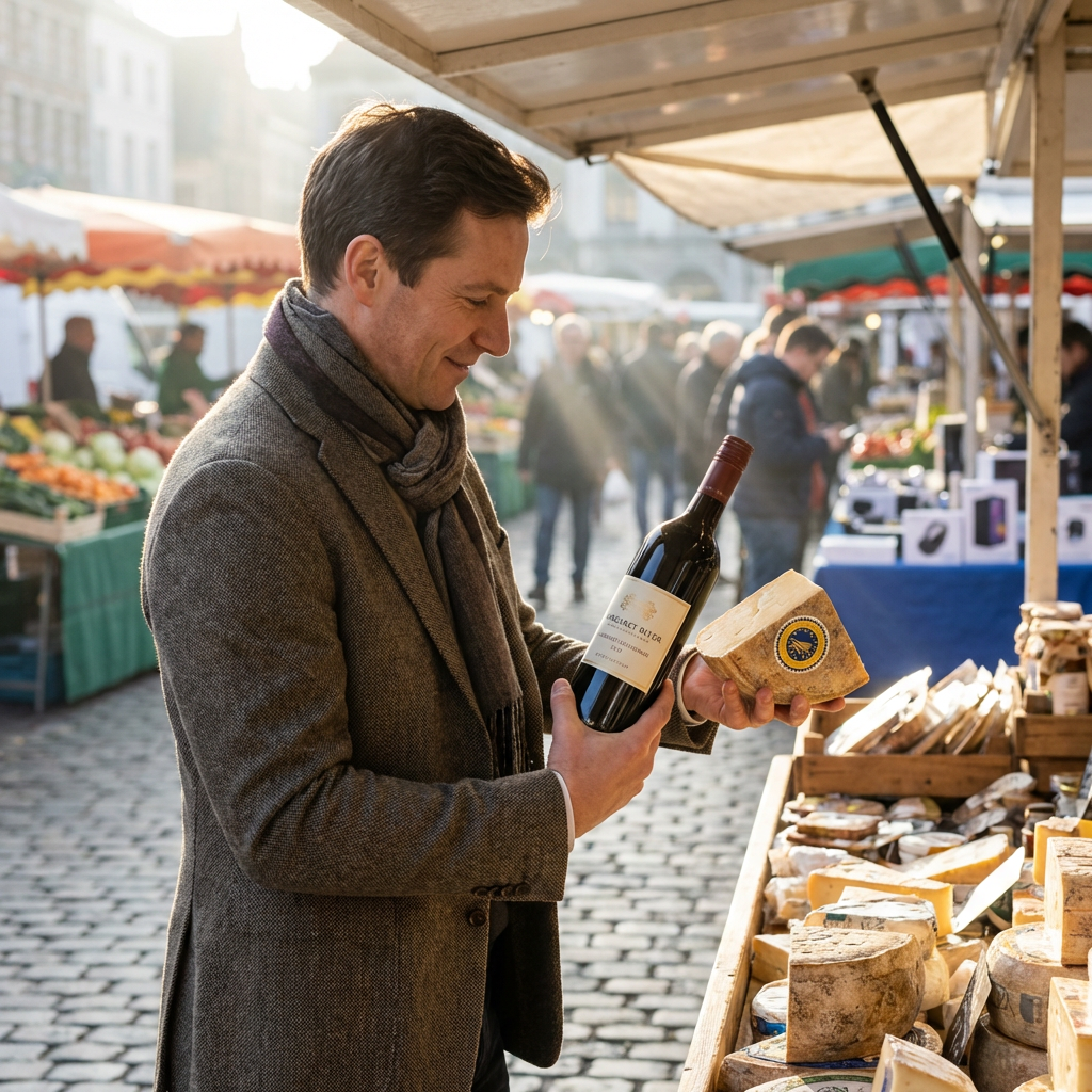 Man choosing wine and cheese at market stall