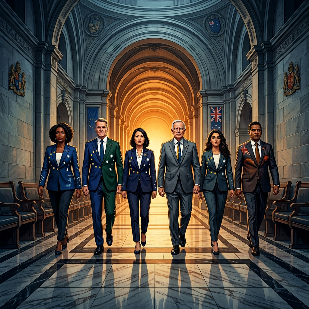 Six politicians walking through grand government hall