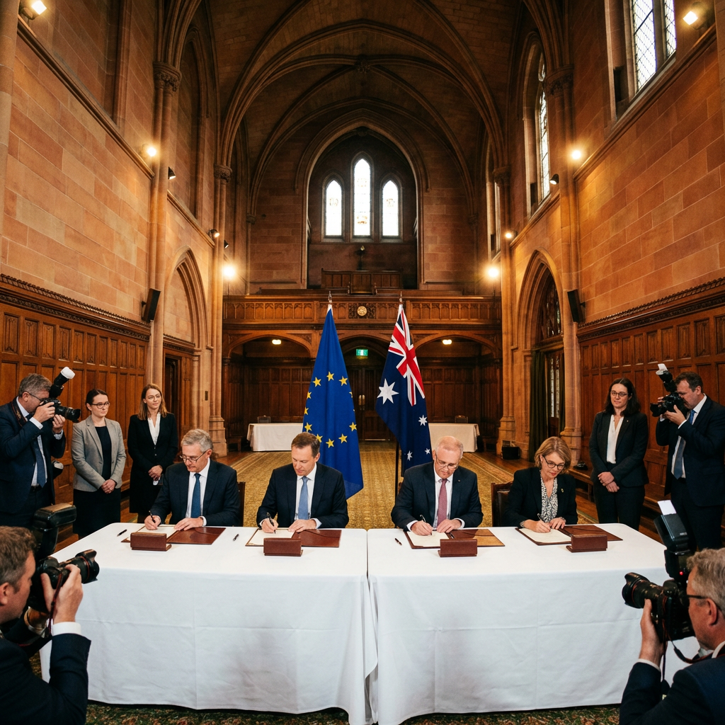 Officials signing agreement beneath EU and Australian flags