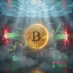 Glowing Bitcoin coin with digital trading charts