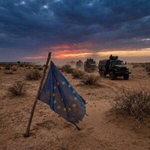 Tattered EU flag in desert with military convoy