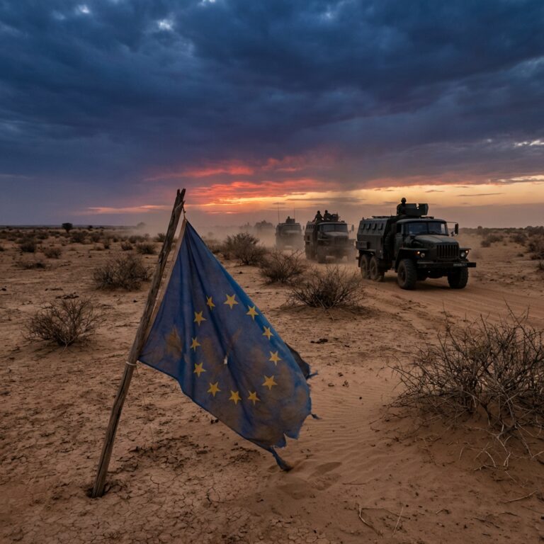 Tattered EU flag in desert with military convoy
