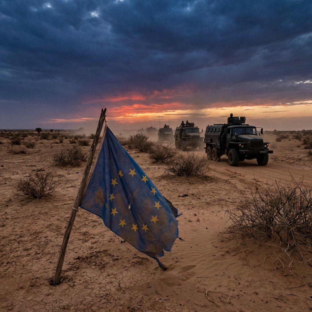 Tattered EU flag in desert with military convoy