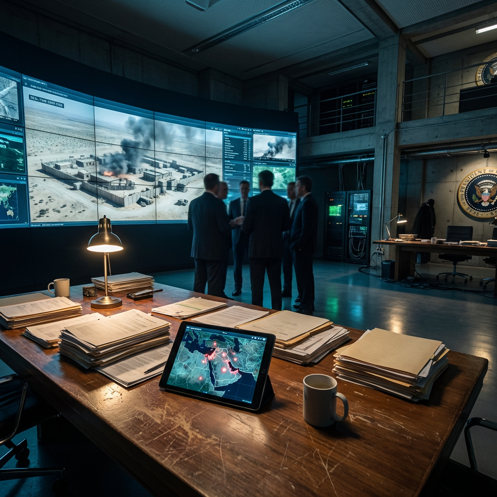 Government officials reviewing surveillance in high-tech control room