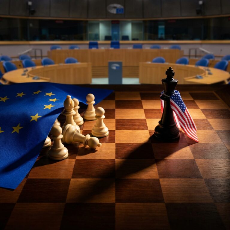 EU and US chess pieces in parliament chamber