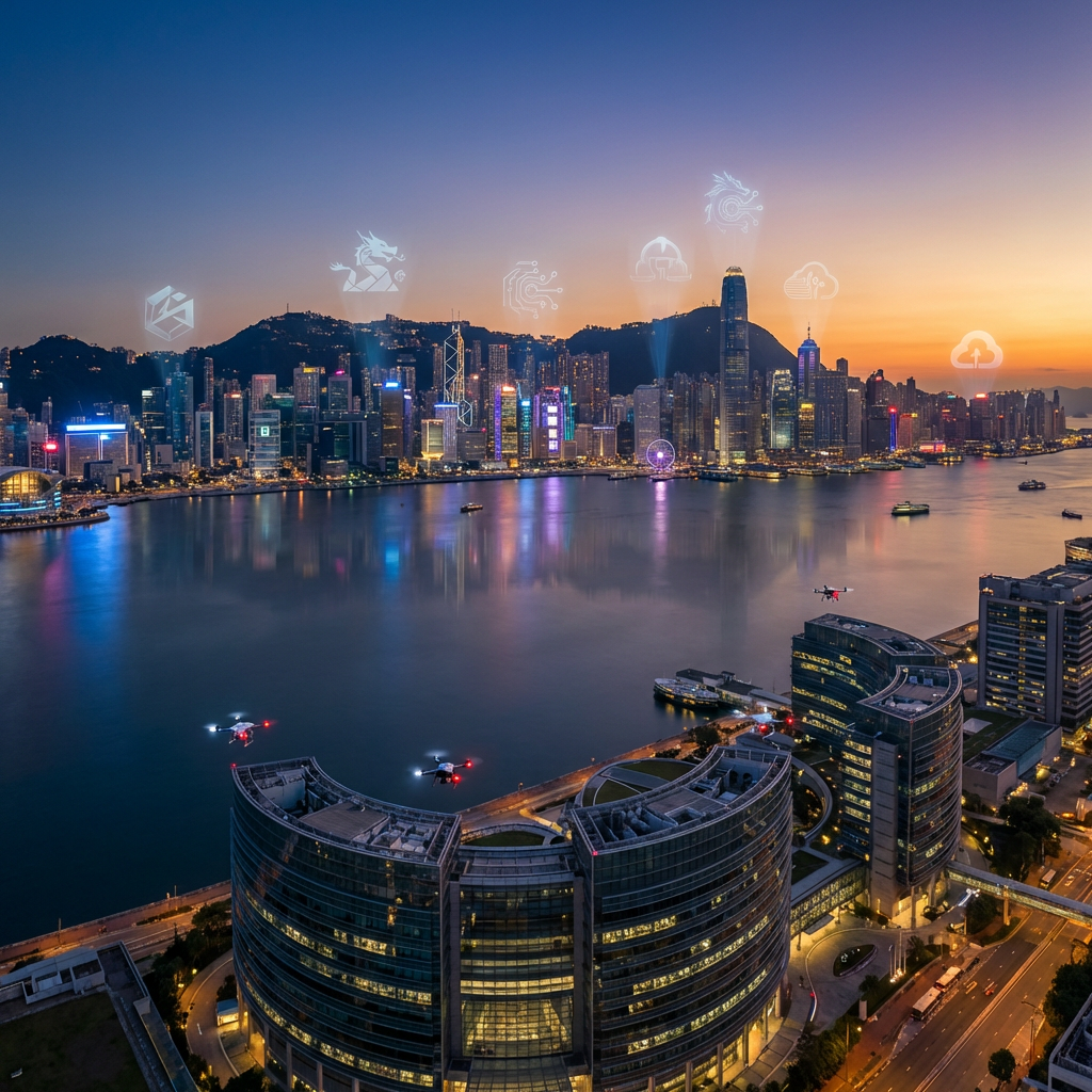 Futuristic city skyline with drones over harbour at sunset